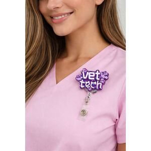 Purple Sparkly Vet Tech Badge Reel – Glitter Paw Print ID Holder Alligator Clip